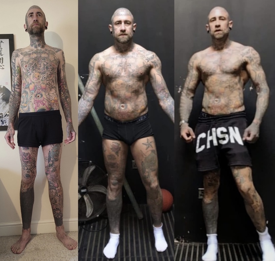 A1 tattooed client three-stage physique transformation comparison